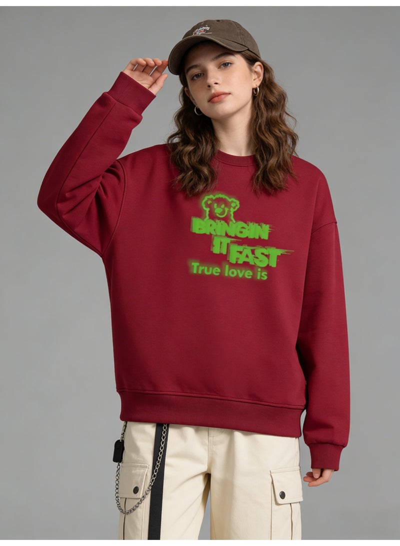 BM INS Burgundy "BRINGIN IT FAST" Neon Green Graffiti Oversized Crew Neck Sweatshirt | Unisex Pullover With "True love is" Slogan - Image 2